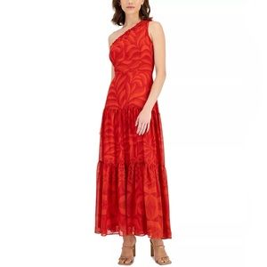 Taylor Women’s Sleeveless One Shoulder Ruffle Trim Chiffon Maxi Dress - Size 8